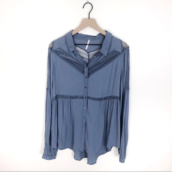SOLD Free People Wild Wind Blue Lace Button Up Top - Picture 3 of 8
